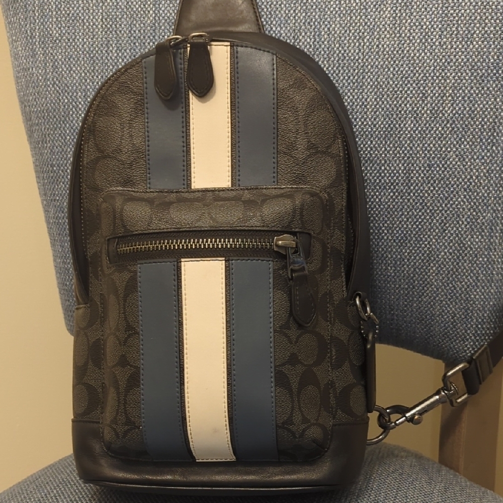 Men's Black Crossbody Sling Bag with Blue and White Stripe - Picture 2 of 8